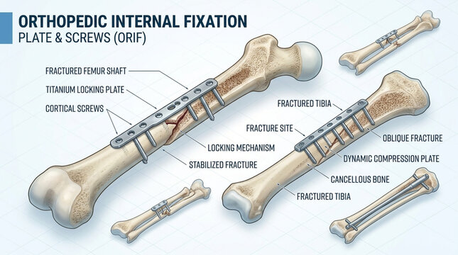Orthopedic Internal Fixation ORIF Bone Fracture Repair Plate and Screws Medical Illustration