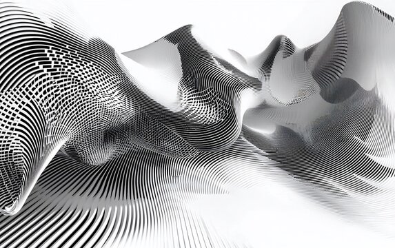 Abstract grayscale 3D rendering of flowing lines and curves.