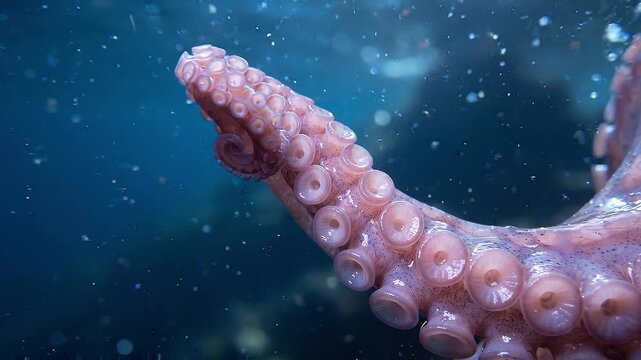 Slow tracking shot of octopus tentacle curling and coiling with suction cups underwater in deep ocean close up study of textured pink skin calm mysterious mood
