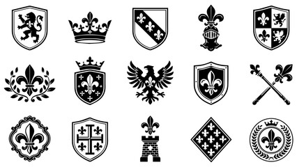 Set of black heraldic shields and royal crest symbols with crowns and eagle icons for vintage design © Farajul