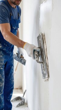 Professional construction worker in blue overalls applies plaster to white wall using metal trowel. Skilled male contractor performs home renovation, drywall finishing task. Worker uses hand tools