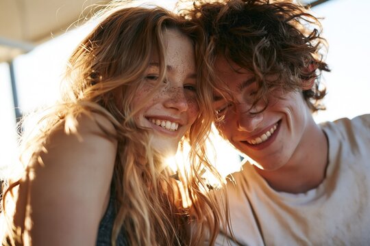 Amorous Embrace: Smiling Couple in Sunlight