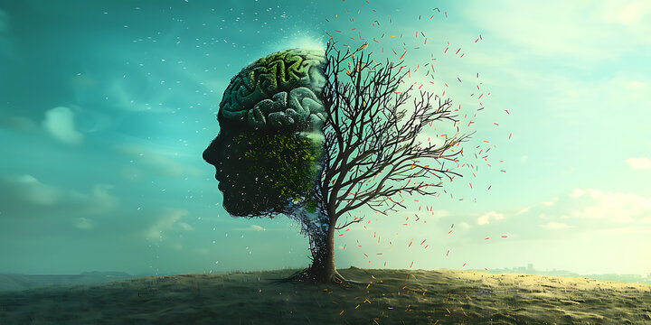 A medical-themed photo: a minimalist composition of a stylized tree with a crown in the shape of a human head and a trunk resembling a brain, standing on soft grass.