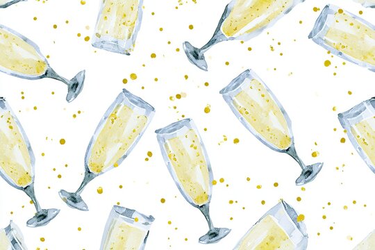 Seamless watercolor illustration pattern of elegant champagne flutes filled with pale golden sparkling wine, scattered at varied angles with playful gold dots and bubbles