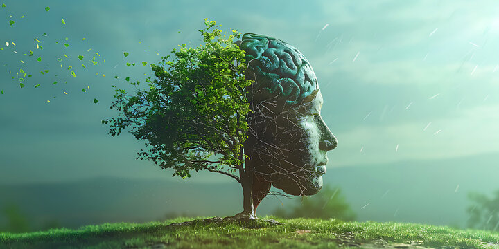 Conceptual medical photography, a minimalist composition of a stylized tree with a crown in the shape of a human head and a trunk resembling a brain, standing on soft grass.
