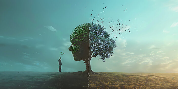 A laconic conceptual photograph on a medical theme, a minimalist composition of a stylized tree with a crown in the shape of a human head and a trunk resembling a brain, standing on soft grass.