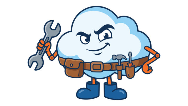 Friendly cloud mascot holding wrench and screwdriver for technical support and repair services branding isolated PNG on transparent background