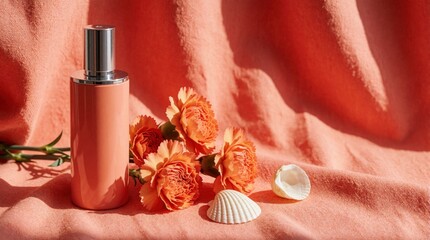 Naklejka premium Tall peach perfume bottle with silver cap sits on coral fabric. Orange carnation flowers, small white seashells lie nearby. Elegant cosmetic product setup with summer vibe, warm sunlight shadows on