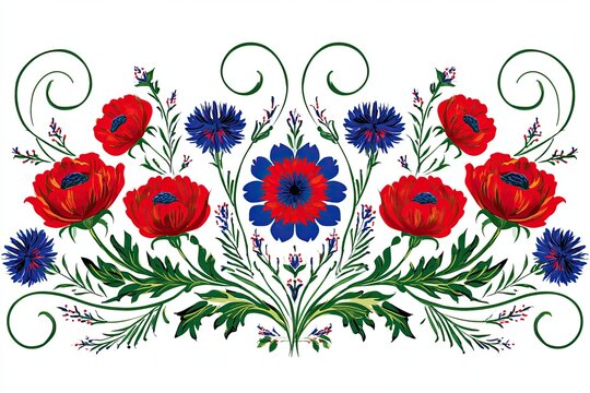Traditional folk floral ornament illustration featuring vivid red poppies, deep blue cornflowers, and a central rosette with curling green stems and delicate blossoms on a white background
