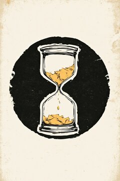 Vintage hand-drawn hourglass illustration with warm golden sand flowing through the center, framed in a bold black circular field with distressed texture