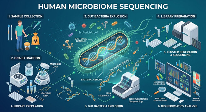 Human Microbiome Sequencing Infographic Illustration for Medical Research and Science Analysis