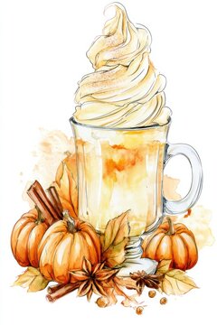 Watercolor illustration of a pumpkin spice dessert drink in a clear glass, topped with whipped cream and surrounded by pumpkins, cinnamon sticks, and star anise