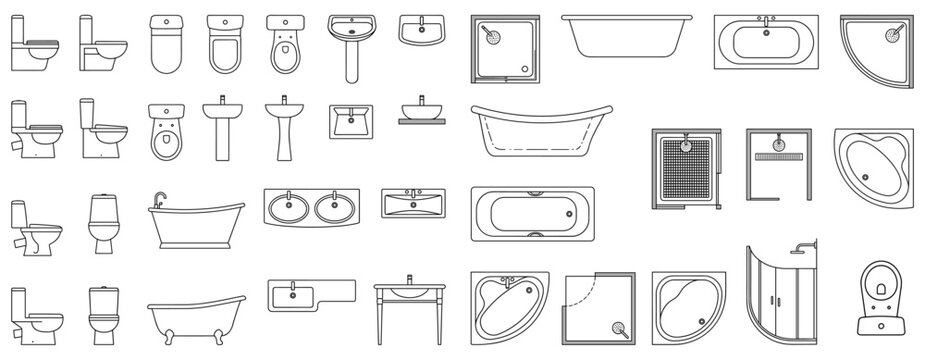 Architectural bathroom CAD blocks with toilet, sink, bathtub, shower and furniture in top view, technical floor plan drafting symbols for interior design and vector layouts
