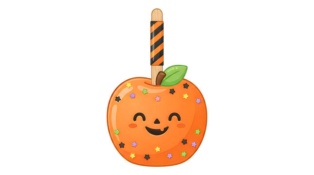 Cute orange halloween candy apple with a smiling face and colorful star sprinkles on a striped stick