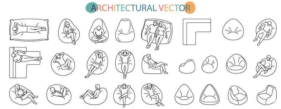 Architectural topview vector illustration of people relaxing and lounging on beanbags, casual breakroom seating, interior floorplan furniture and leisure layout