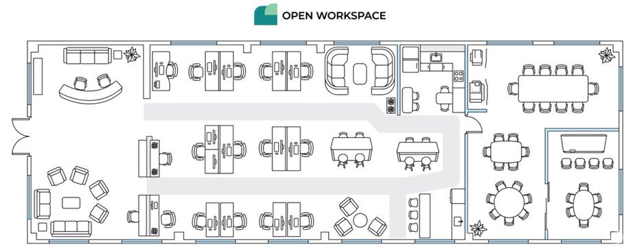 Modern office floor plan vector with open workspace, desks, meeting room, reception, chairs and workstations, top view architectural CAD line drawing for interior planning