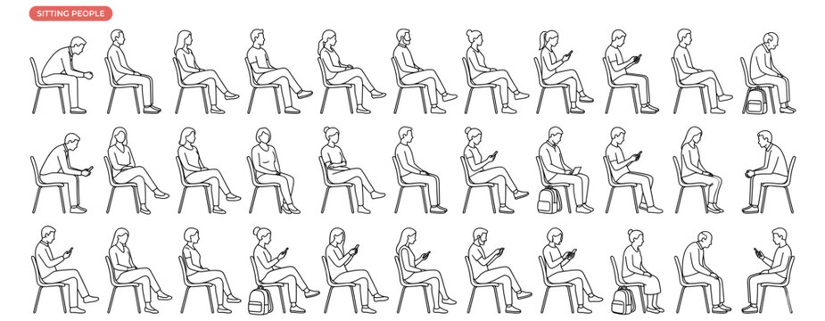 Architectural CAD Sitting People Side View Set with Diverse Human Figures, Leaning Forward, Relaxed Back, Crossed Legs, Phone, Backpack and Elderly Postures