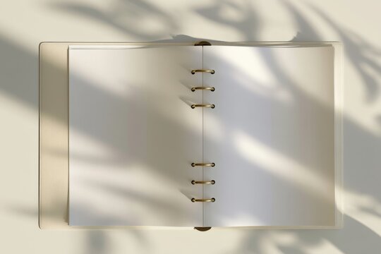 Open minimalist ring-bound planner with blank ivory pages and gold metal rings on a neutral desk, soft shadows creating a subtle texture effect