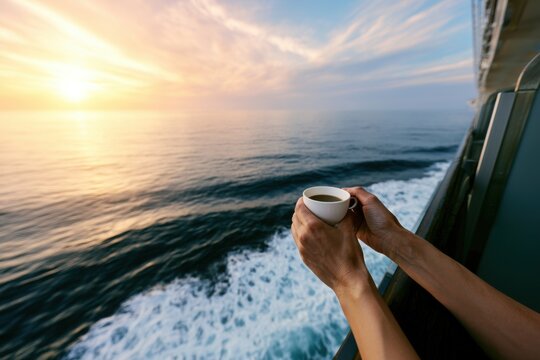 Passenger holding a small white coffee cup beside the ship railing, enjoying a serene morning at sea with a glowing sunrise over the expansive ocean horizon