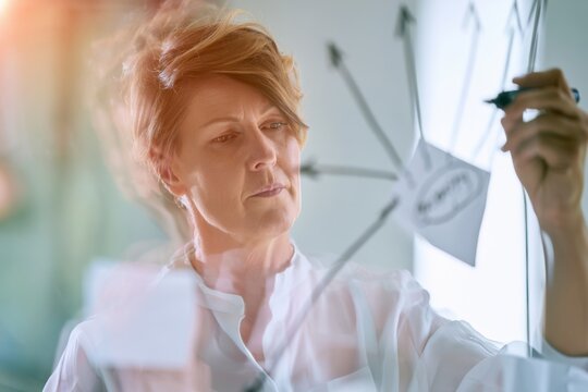 Female business owner analyzing project plan on glass board, adding final notes with black marker, arrows pointing to priority task in modern office setting