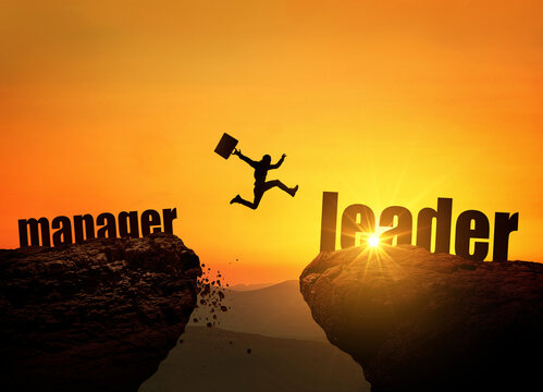 Silhouette of businessman jumping from cliff marked manager to leader at sunset. Concept of career growth, leadership transition, courage, overcoming challenges, and achieving success.