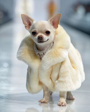 Chihuahua in Luxury Fur Coat on Fashion Runway