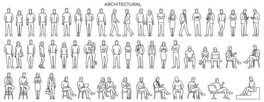 Architectural people silhouette collection with standing and sitting men and women, scale figures for CAD plans, urban scenes, floor plans and construction presentation vector illustration