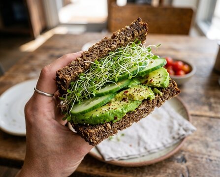 Hand holding whole grain sandwich with avocado and sprouts  