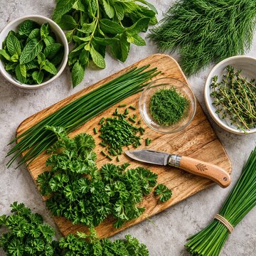Fresh herbs arranged on a wooden cutting board with knife and bowls  