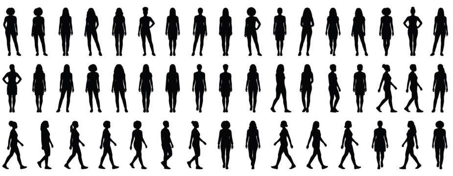 Black woman silhouette set with diverse female figures in standing, walking and active poses, human scale characters for architecture, presentation graphics and vector illustration.