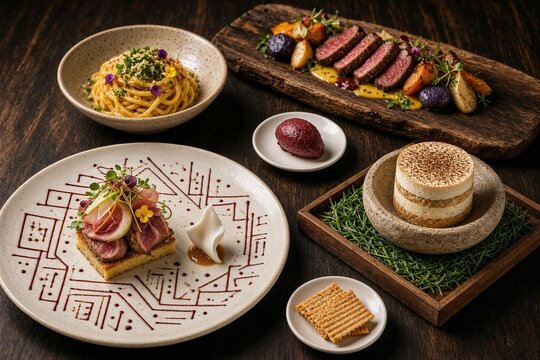 Exquisite gourmet dishes served on stylish plates and wooden boards  