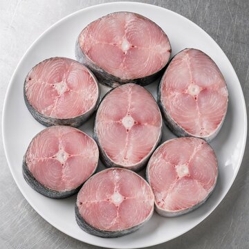 Fresh fish fillets arranged on a white plate ready for cooking  