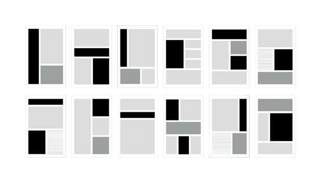 Minimal grid layout collection with black, gray, and white bars, blocks, and modular editorial structures, grid, layouts, black,