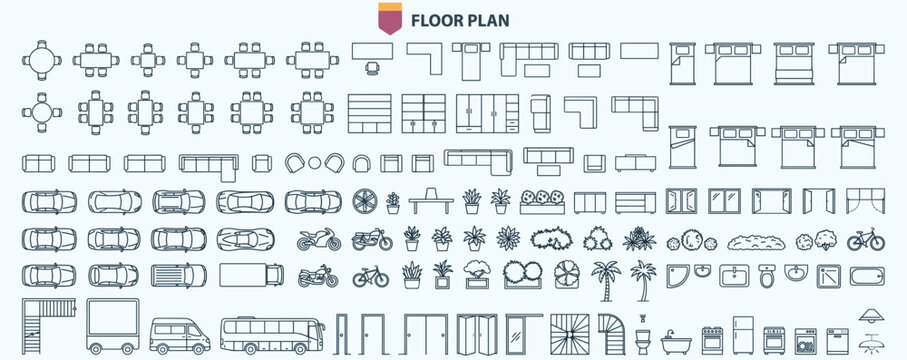 Top view architectural floor plan symbol collection with furniture, vehicles, plants, fixtures and clean outline elements for blueprint, interior planning and CAD design