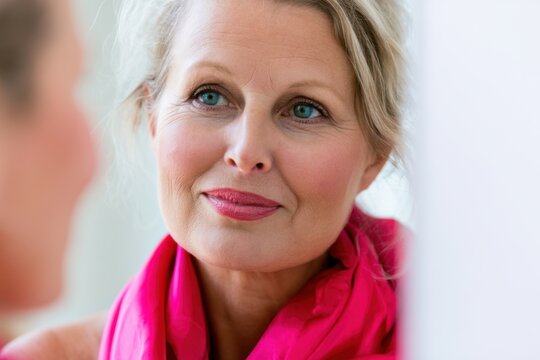 Elegant mature woman with loosely pinned blonde-gray hair and expressive blue-green eyes wearing a vivid raspberry scarf, gazing at her reflection in a bright bedroom mirror