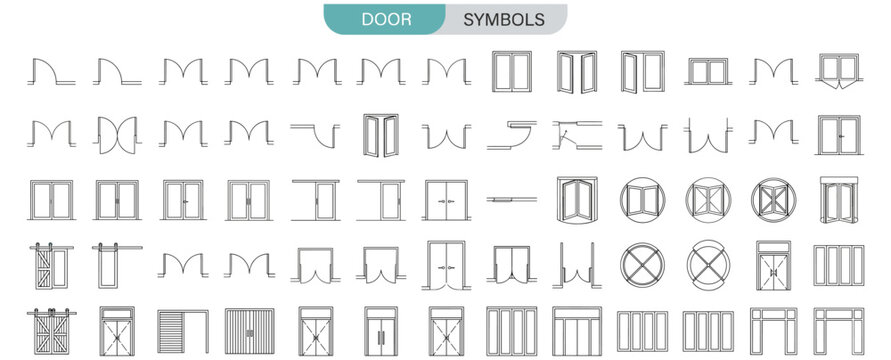 Top view floor plan door symbol collection with architectural CAD doors, swing openings and clean blueprint linework for interior layouts, drafting and building plans