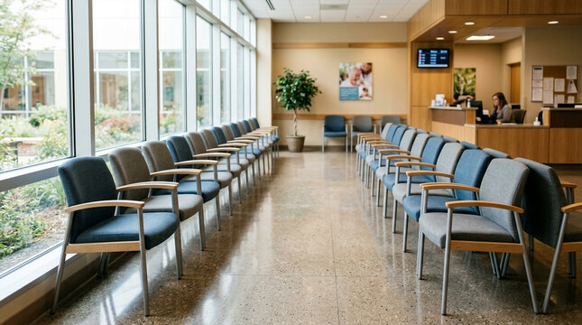 Clean empty clinic waiting room with rows of chairs and reception area