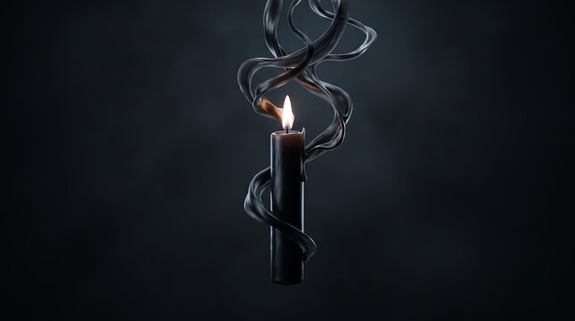 Single black halloween candle with swirling smoke