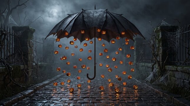 Bat-winged halloween umbrella raining glowing pumpkins