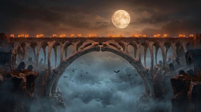 Skeletal bone bridge spanning a misty halloween chasm
