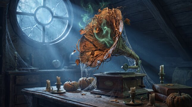 Vine-wrapped gramophone glowing with halloween spirit smoke