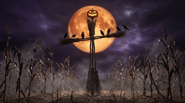 Straw halloween scarecrow crowned with a pumpkin head