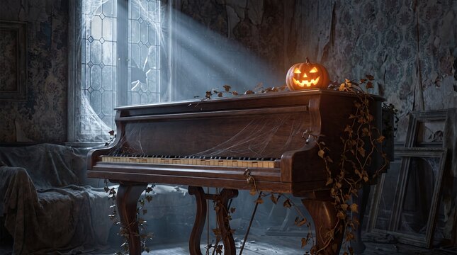 Glowing halloween pumpkin resting atop a decayed piano