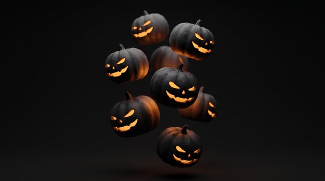 Floating Jack O Lanterns Halloween Concept in Dark 3D Art