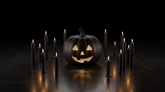 Pumpkin Candle Ritual Halloween Scene in Dark 3D Art