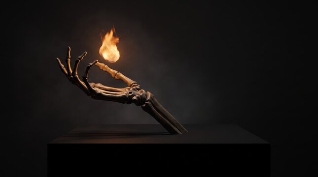Skeleton Hand Holding Fire Halloween Concept in Dark 3D Art