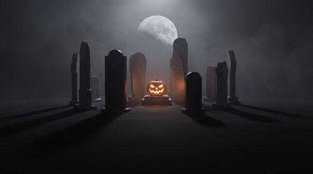 Moonlit Pumpkin Graveyard Halloween Scene in Dark 3D Art