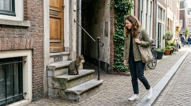 Happy young woman smiling at a cute tabby cat on an old city stoop
