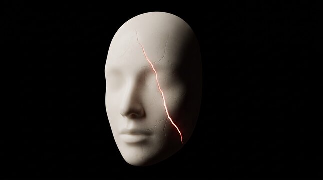 Cracked White Mask Halloween Concept in Dark 3D Art