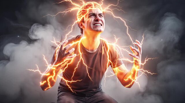 Young man experiencing intense mental pressure with glowing brain and lightning effects. Conceptual visualization of headache or high stress. Panning and tilting camera movement.
